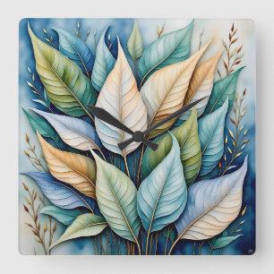 Horloge Carrée Bleu Vert or latte Feuille