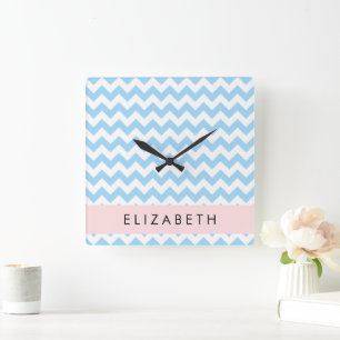 Horloge Carrée Bleu Zigzag, Bleu Chevron, Vague Motif, Votre Nom