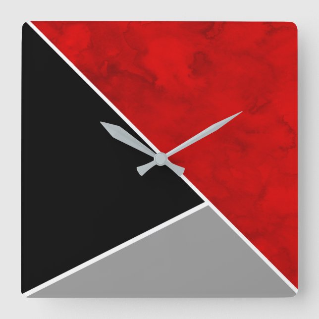 Horloge Carrée Bloc de couleur blanc gris rouge (Recto)