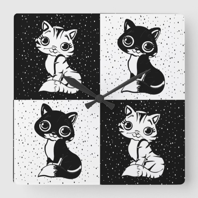 Horloge Carrée Bloc de monogramme noir blanc pour chat (Recto)