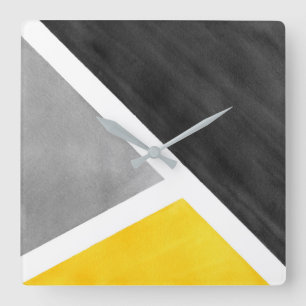 Horloge Carrée Bloc jaune d'aquarelle de blanc gris