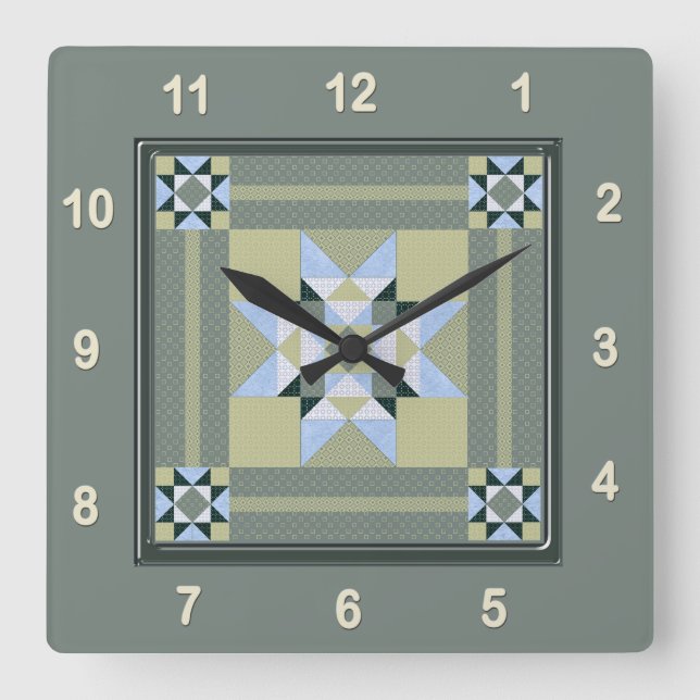 Horloge Carrée Bloc Quilt Complex Star Patch en vert (Recto)