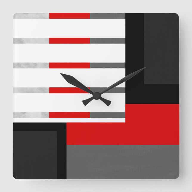 Horloge Carrée Bloc rayé noir et blanc gris rouge (Recto)