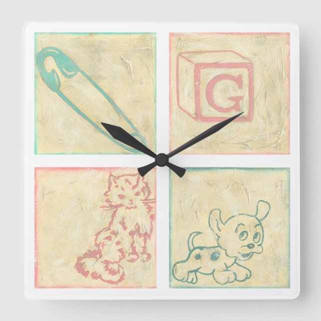 Horloge Carrée Blocs illustration de bébé par Chariklia Zarris (Recto)