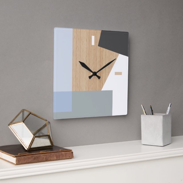 Horloge Carrée Blocs Modernes Art Motif Sur Faux Woodgrain (Bureau)
