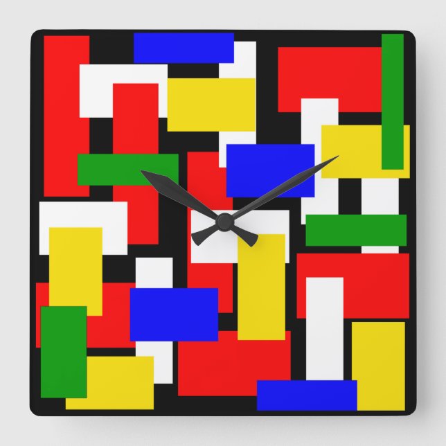 Horloge Carrée Blocs rouge, jaune, noir, bleu et vert (Recto)