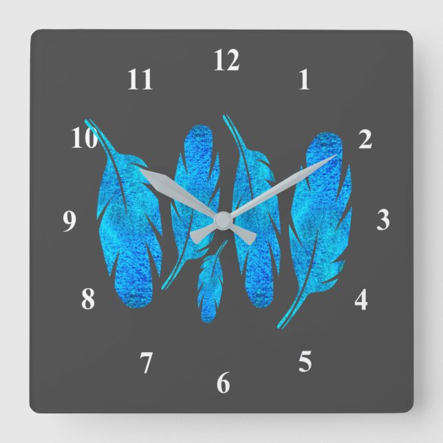 Horloge Carrée Blue boho feathers blue and gray (Recto)