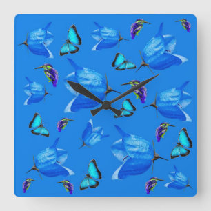 Horloge Carrée Blue Butterflies, Kingfishers, And Bell Flowers