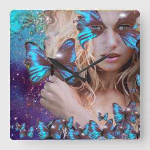 HORLOGE CARRÉE BLUE BUTTERFLY WITH GREEN GOLD SPARKLES