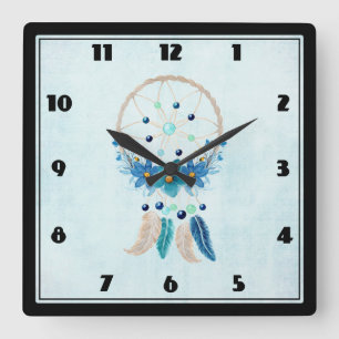 Horloge Carrée Blue Dreamcatcher Design Boho élégant