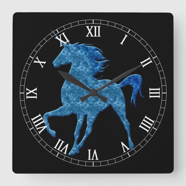 Horloge Carrée Blue Fire Unicorn Roman Numeral Clock (Recto)