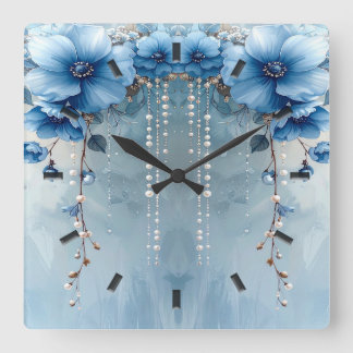Horloge Carrée Blue Flowers and Pearls Wall Clock