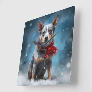 Horloge Carrée Blue Heeler dans la neige de Noël