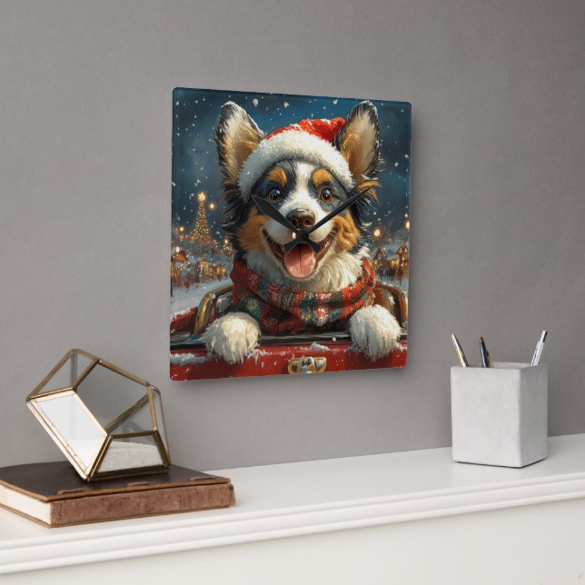 Horloge Carrée Blue Heeler Dog Roller Dessous de verre Noël (Bureau)