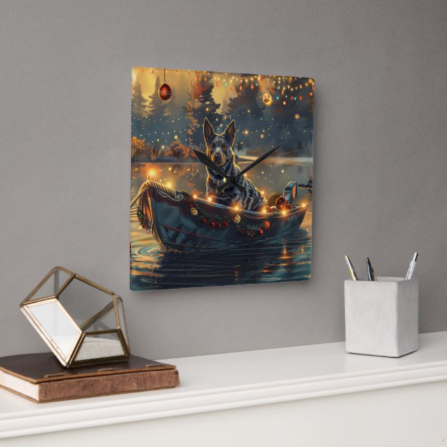 Horloge Carrée Blue Heeler Noël Festive Voyage (Bureau)