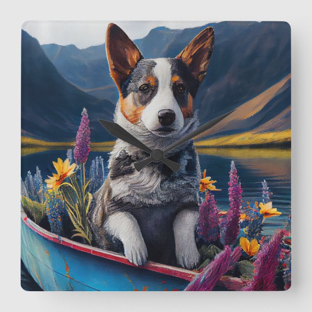 Horloge Carrée Blue Heeler sur une pagaie : une aventure Pittores (Recto)