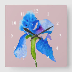 Horloge Carrée Blue Iris moderne aquarelle florale art