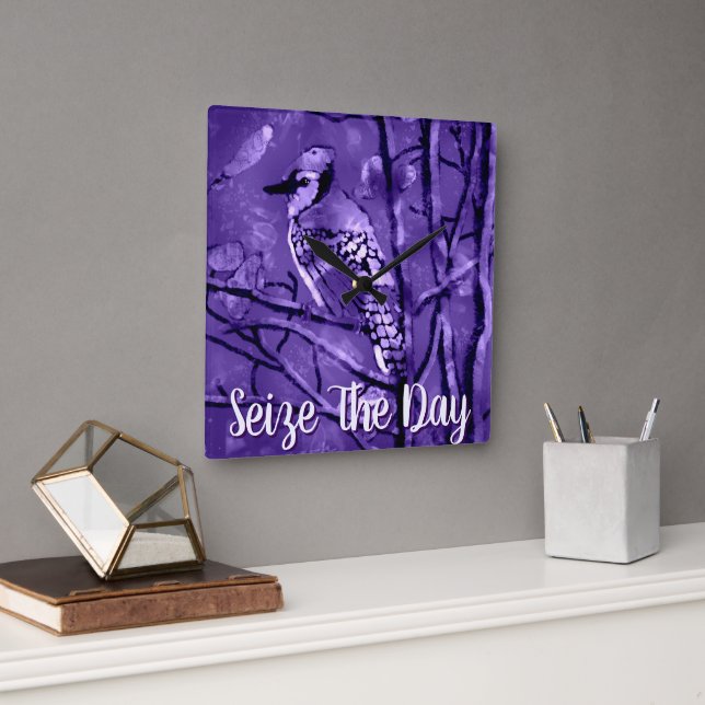 Horloge Carrée Blue Jay Bird Purple Abstract Art Personalized (Bureau)
