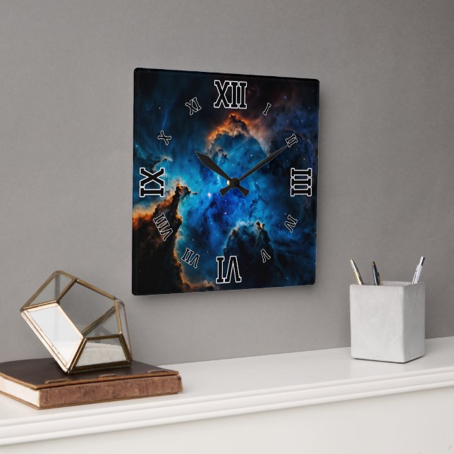 Horloge Carrée Blue Nebula Nuds AI Concept Art par Xzendor7 (Bureau)