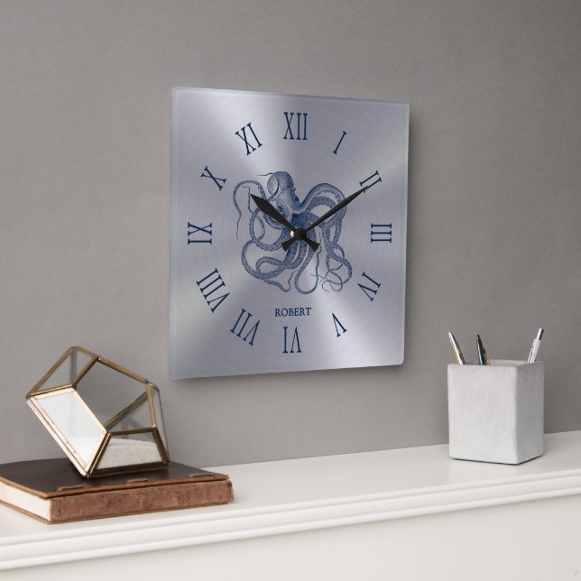 Horloge Carrée Blue Octopus Roman Numerals On Dark Silver (Bureau)