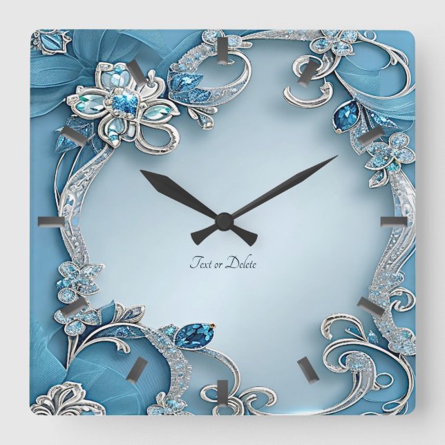 Horloge Carrée Blue Ornate Floral Wall Clock (Recto)