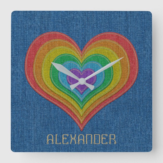 Horloge Carrée Blue Rainbow Denim Jeans 6 Hearts Customized (Recto)