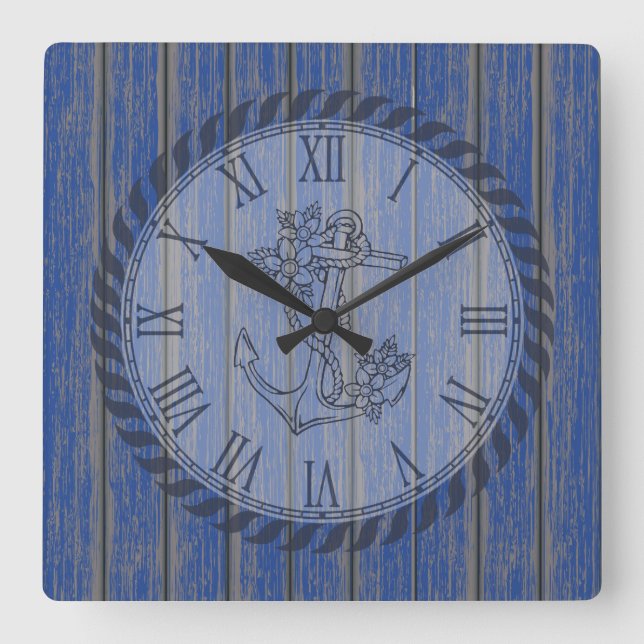 Horloge Carrée Blue Rustic Painted Wood Floral Nautical Anchor (Recto)
