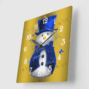 Horloge Carrée Blue Snowman sur Gold Christmas