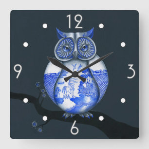 Horloge Carrée Blue Willow Owl Wall Clock