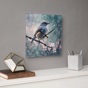 Horloge Carrée Bluebird Dans Une Fenêtre Pluvieuse