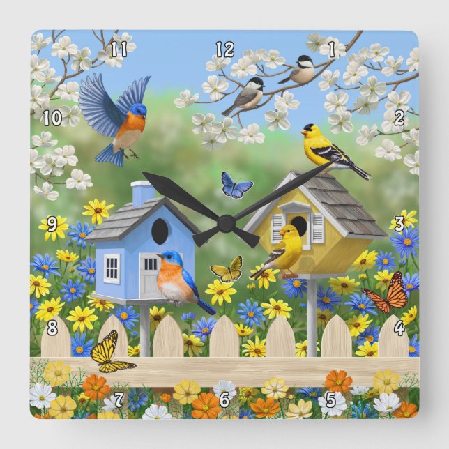 Horloge Carrée Bluebirds Goldfinches Birdhouses Jardin aux fleurs (Recto)