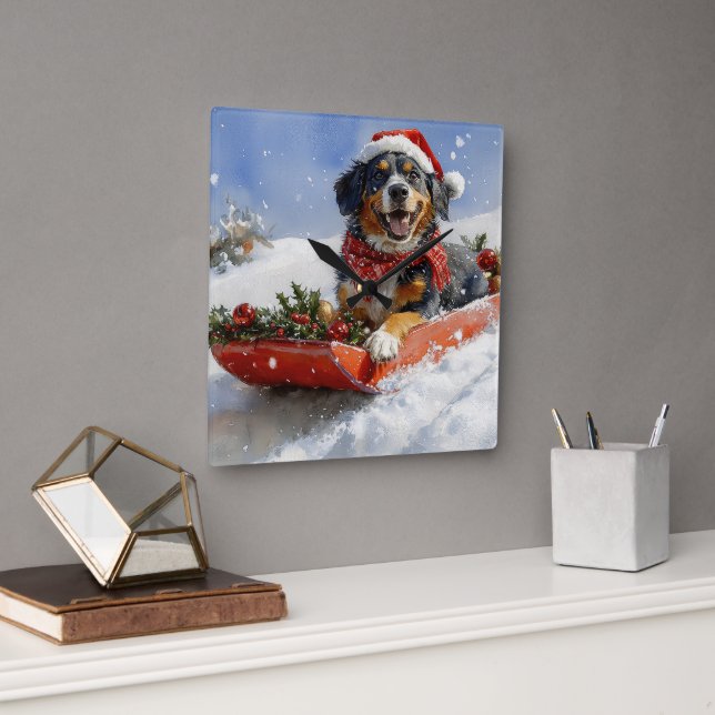 Horloge Carrée Bluetick Coonhound Dog dans Sledge Noël (Bureau)