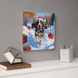 Horloge Carrée Bluetick Coonhound Scène de neige festive de Noël