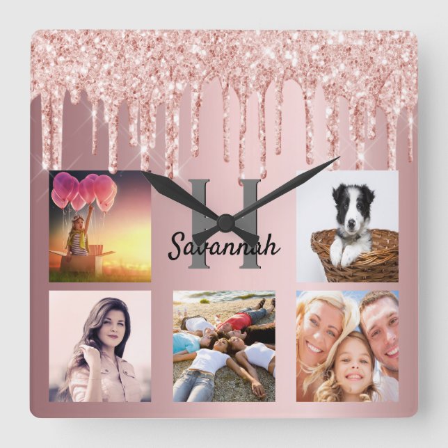 Horloge Carrée Blush pink glitter drips photo collage family name (Recto)