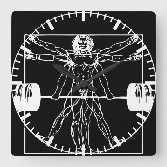 Horloge Carrée Bodybuilding - Vitruvian Barbell Man (Recto)
