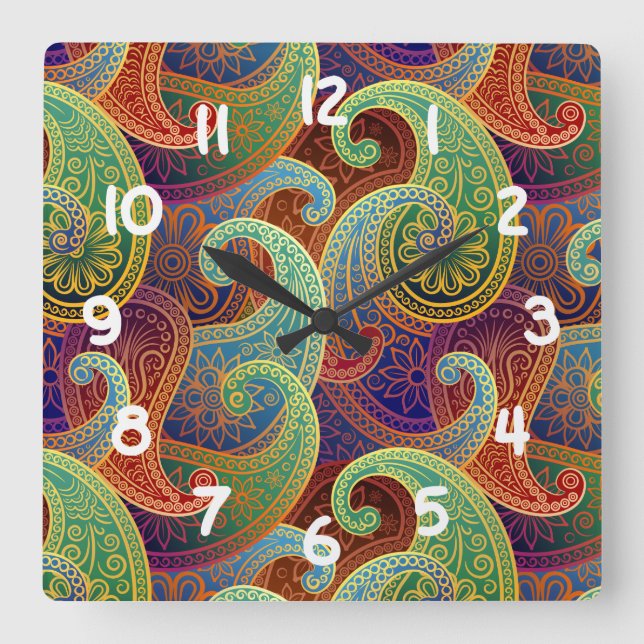 Horloge Carrée Bohemian Paisley Motif intemporel (Recto)
