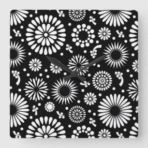 Horloge Carrée Boho fleurs Motif floral vectoriel noir et blanc