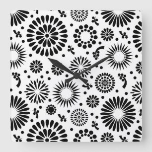 Horloge Carrée Boho fleurs Motif floral vectoriel noir et blanc