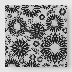 Horloge Carrée Boho fleurs Motif floral vectoriel noir et blanc