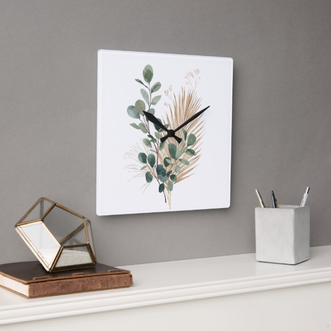 Horloge Carrée Boho Minimal Natural Botanical Wall Clock (Bureau)