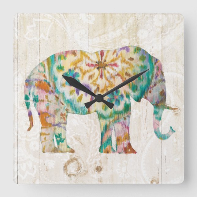 Horloge Carrée Boho Paisley Elephant I (Recto)