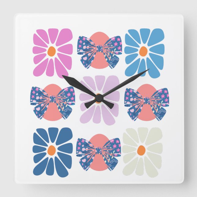 Horloge Carrée Boho rétro floral simple (Recto)