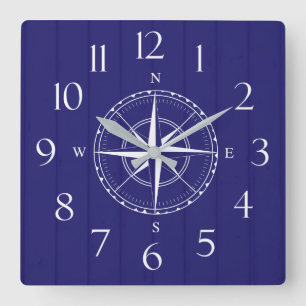 Horloge Carrée Bois blanc bleu de la marine
