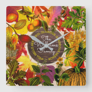Horloge Carrée Bois de cru de monogramme de collage d'automne de