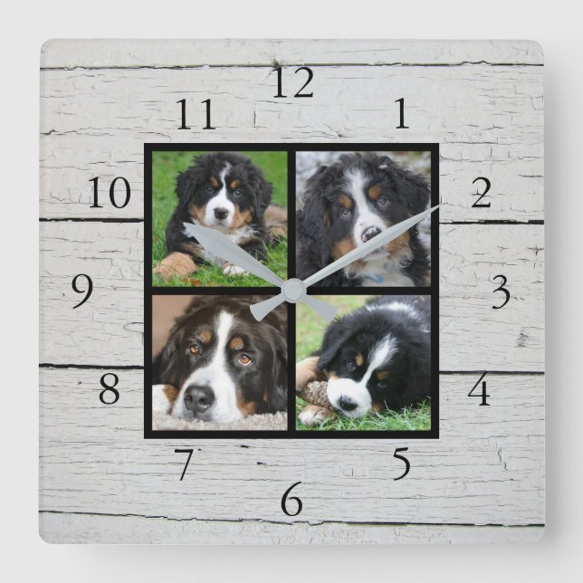 Horloge Carrée Bois de grange rustique Collage photo de famille (Recto)