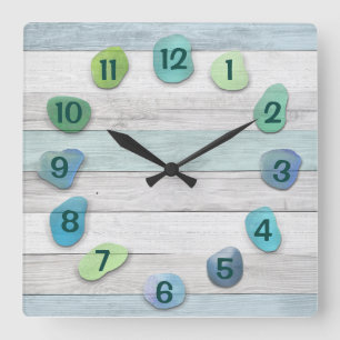 Horloge Carrée Bois d'hiver en verre de mer