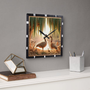 Horloge Carrée Bois d'oies paisible