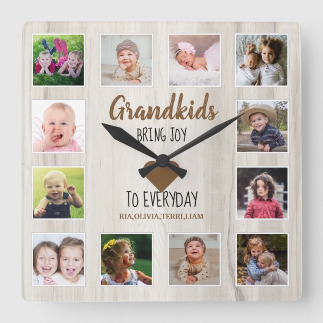 Horloge Carrée Bois naturel 12 Photo Collage Grandkids Citation (Recto)