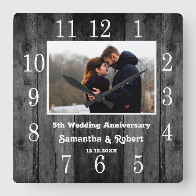 Horloge Carrée Bois Noir Perdu 5 Anniversaire Photo (Recto)