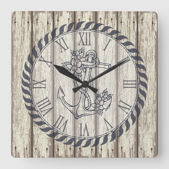 Horloge Carrée Bois Peint Rustique Planes Floral Ancre Nautique (Recto)